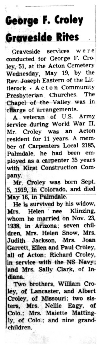 Croley, George Francis obituary