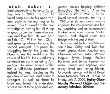 Bean, Robert J. obituary