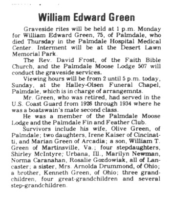 Green, William Edward obituary