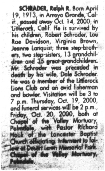 Schrader, Ralph Robert obituary