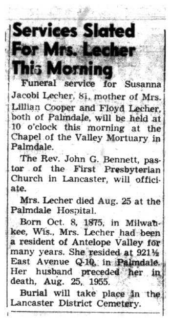 Lecher, Susanna Jacobi obituary