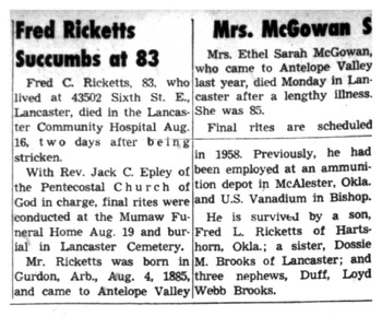 Ricketts, Fred Calvin obituary
