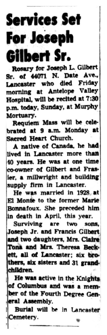Gilbert, Joseph Laureat obituary