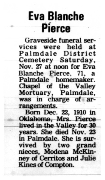 Pierce, Eva Blanche obituary