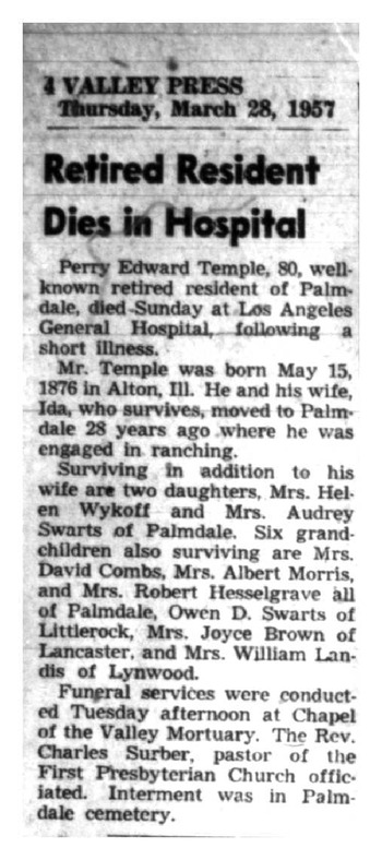 Temple, Perry Edward obituary