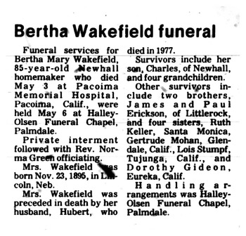 Wakefield, Bertha Mary ('Bugga') obituary