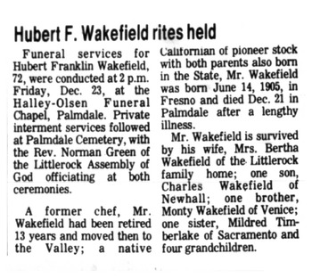 Wakefield, Hubert Franklin ('Wakie') obituary