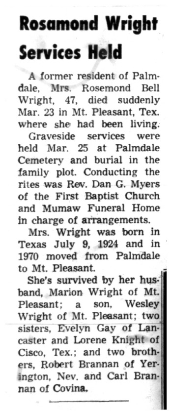 Wright, Rosemond Bell obituary