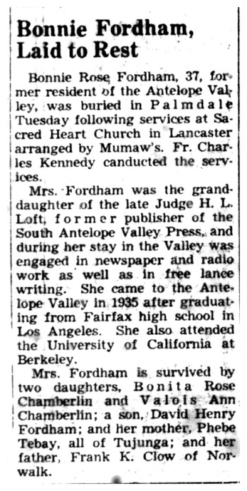 Fordham, Bonnie Rose obituary